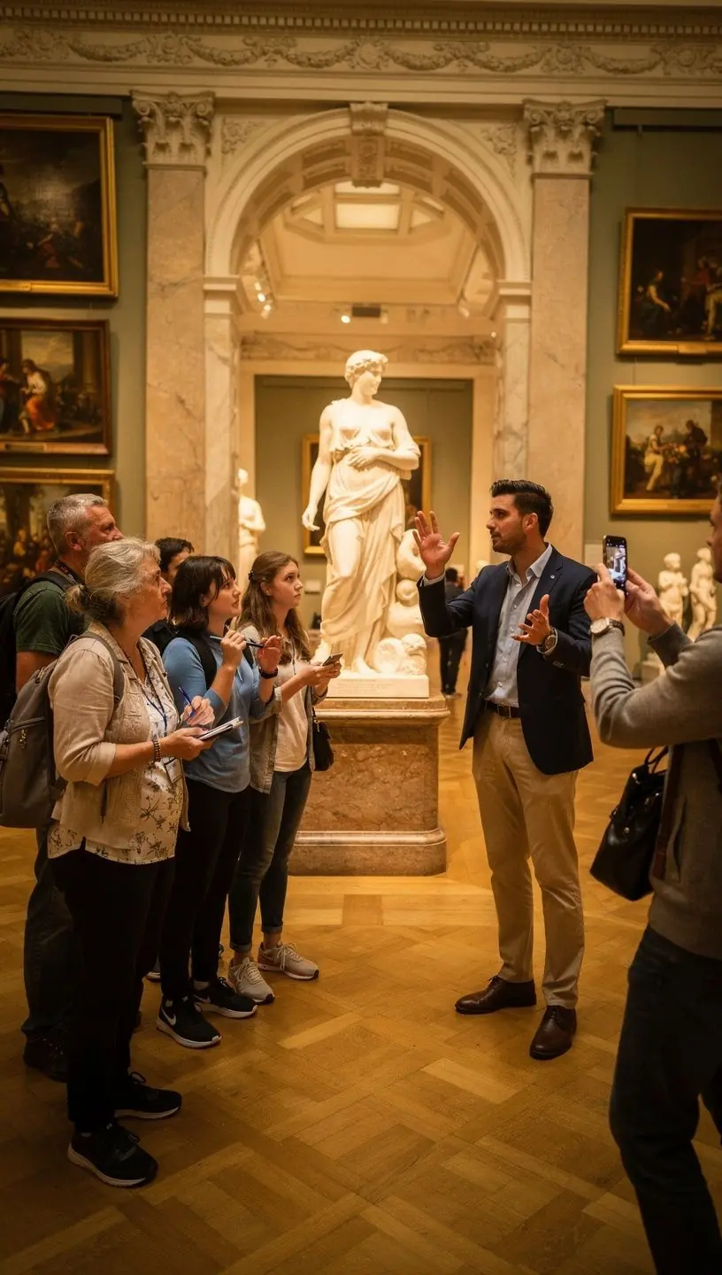 Innenansicht eines Museums mit beleuchteten Exponaten und Informationsschildern