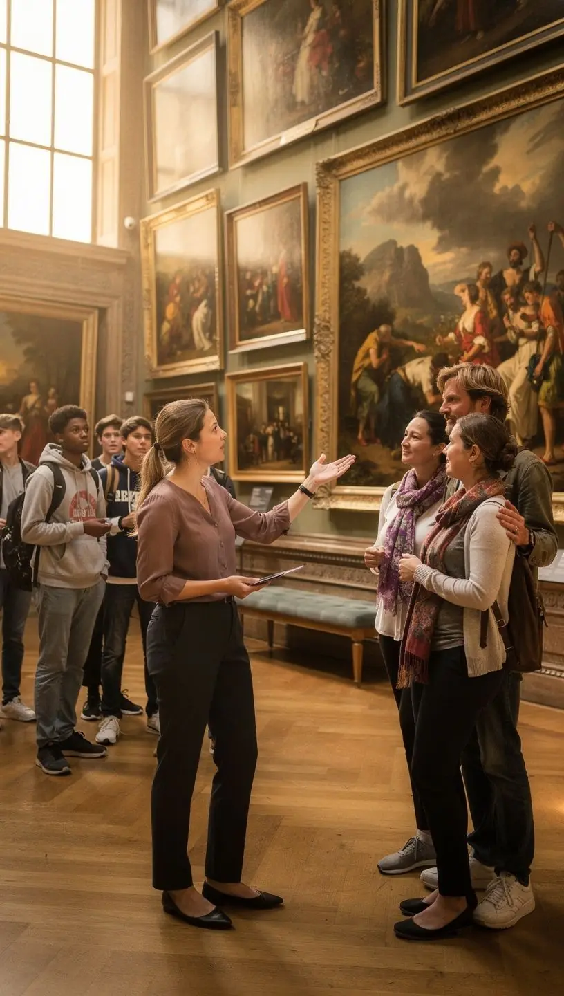 Kunstliebhaber betrachten detaillierte Gemälde in einer renommierten deutschen Galerie